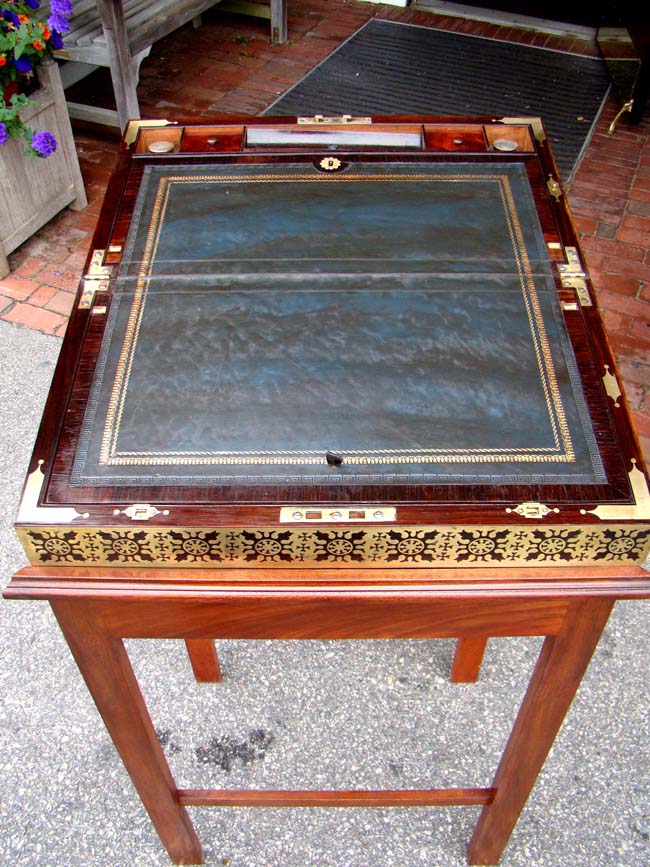 A wonderful English Regency period brass inlaid mahogany writing box circa 1820 on later stand — image 6